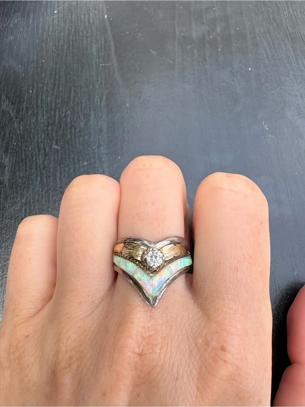 Vintage S. Ray Sterling Silver Ring with Opal and Clear Stone - Size 8.5